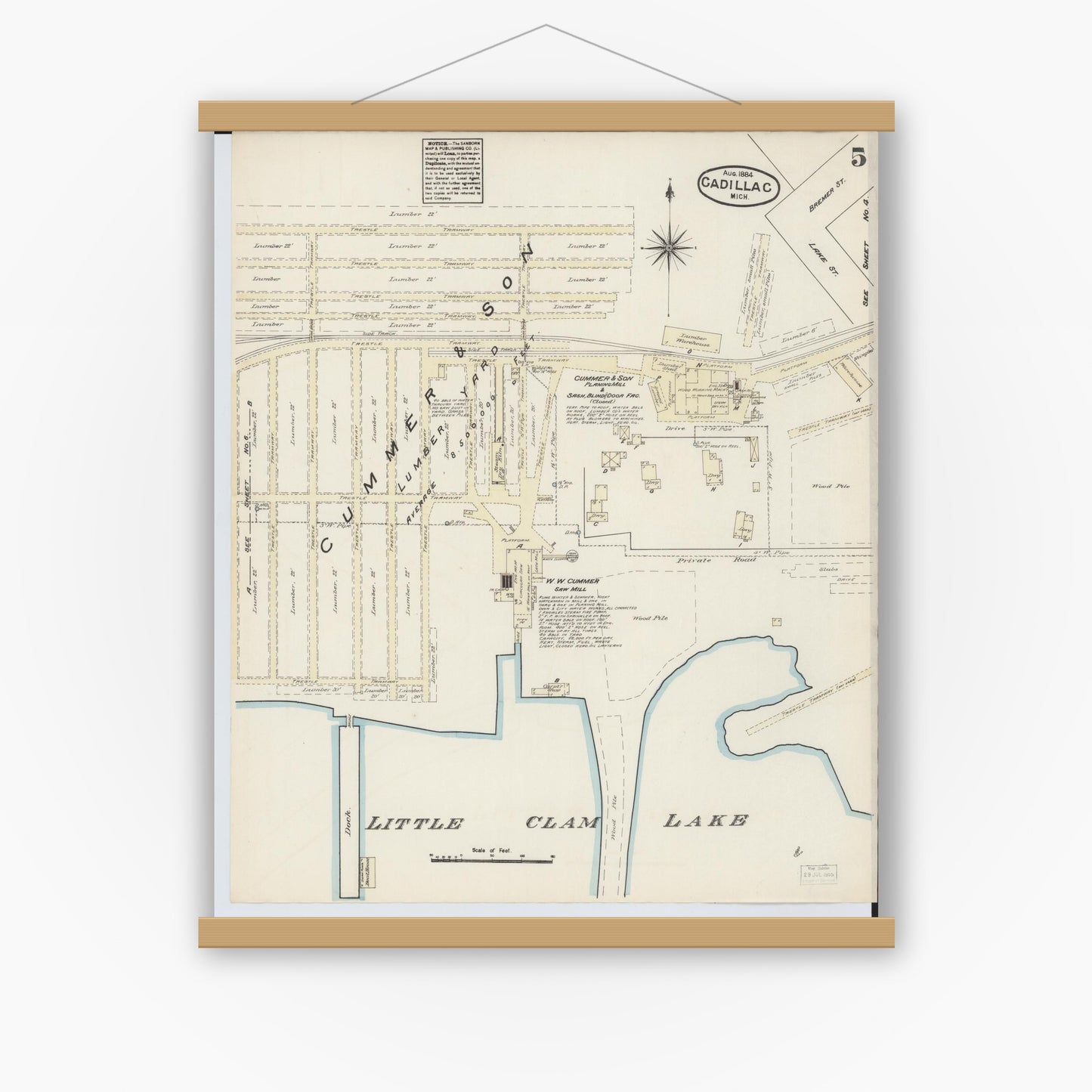 Old map wall art mockup — magnetic wood frame on white wall — Sanborn Fire Insurance Map from Cadillac, Wexford County, Michigan (1884), Sheet #0005