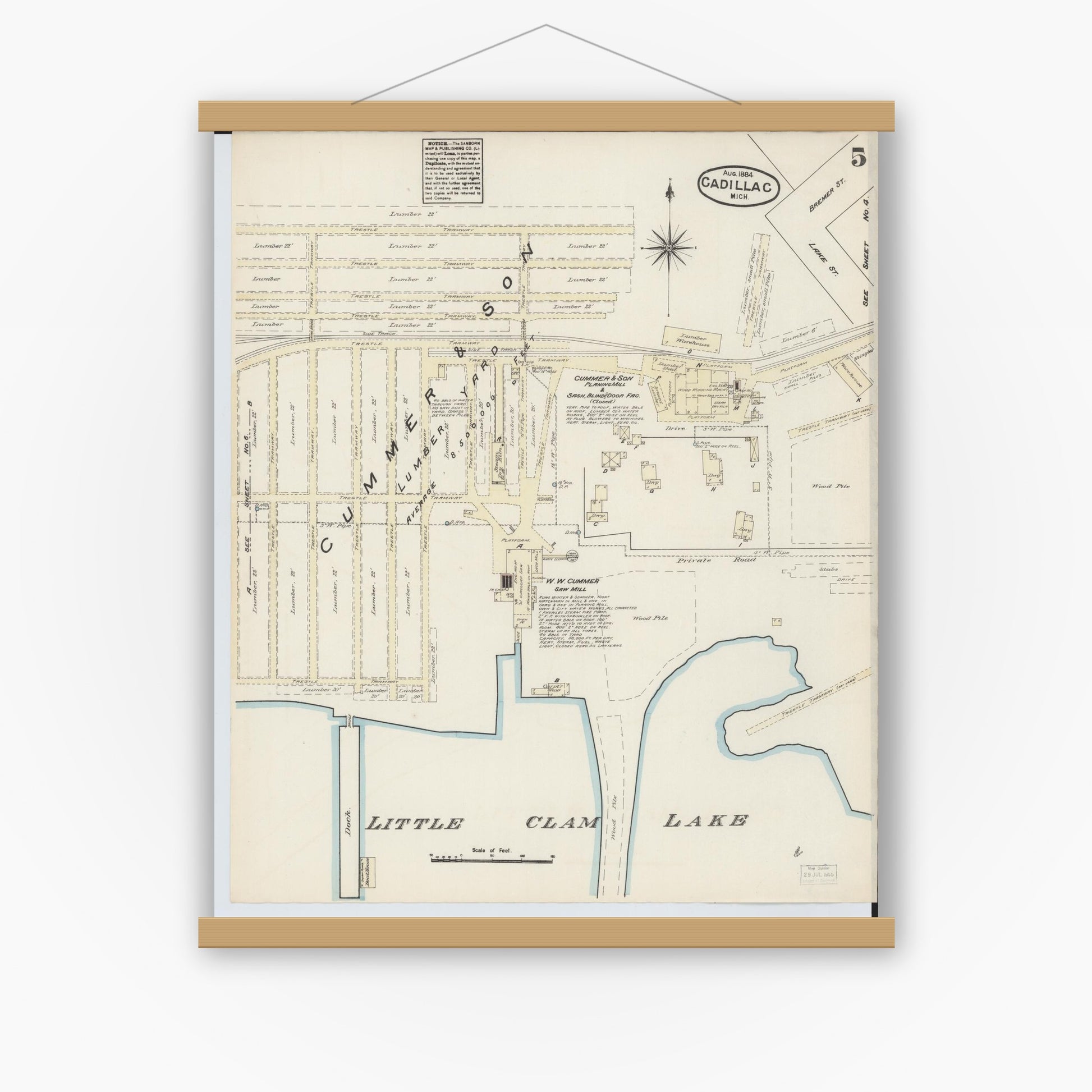 Old map wall art mockup — magnetic wood frame on white wall — Sanborn Fire Insurance Map from Cadillac, Wexford County, Michigan (1884), Sheet #0005
