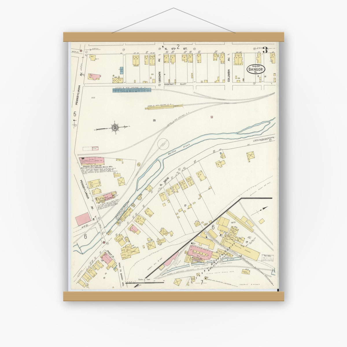Old map wall art mockup — magnetic wood frame on white wall — Sanborn Fire Insurance Map from Bangor, Northampton County, Pennsylvania (1912), Sheet #0003