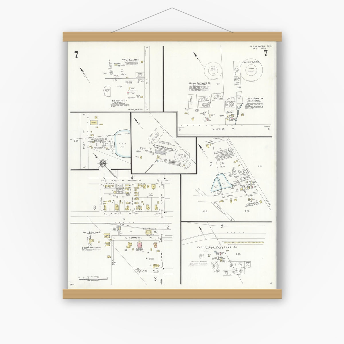Old map wall art mockup — magnetic wood frame on white wall — Sanborn Fire Insurance Map from Gladewater, Gregg County, Texas (1934), Sheet #0007
