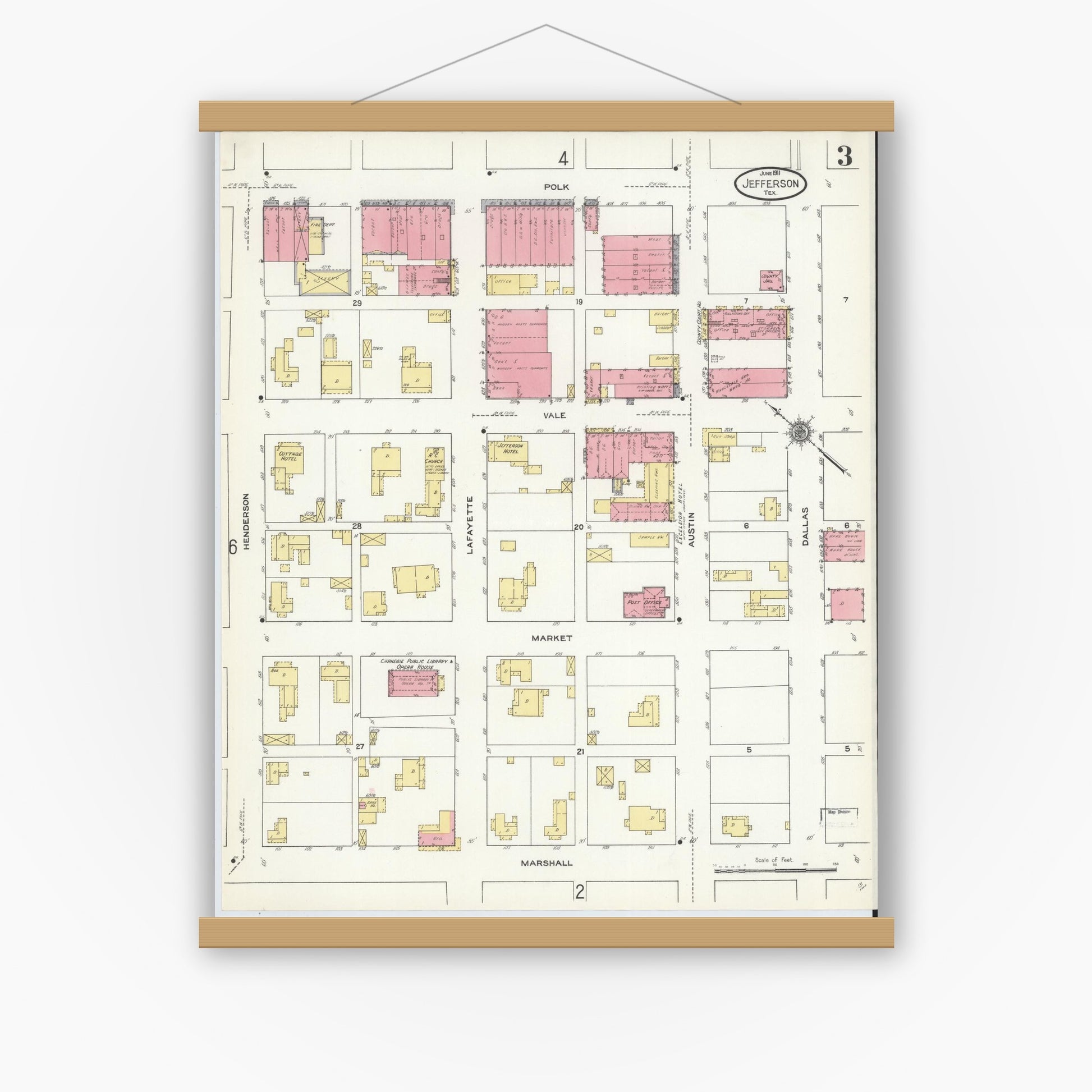 Old map wall art mockup — magnetic wood frame on white wall — Sanborn Fire Insurance Map from Jefferson, Marion County, Texas (1911), Sheet #0003