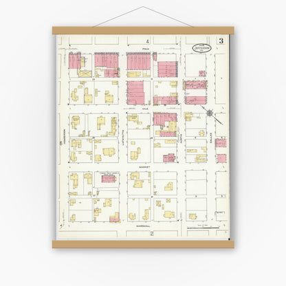 Old map wall art mockup — magnetic wood frame on white wall — Sanborn Fire Insurance Map from Jefferson, Marion County, Texas (1911), Sheet #0003