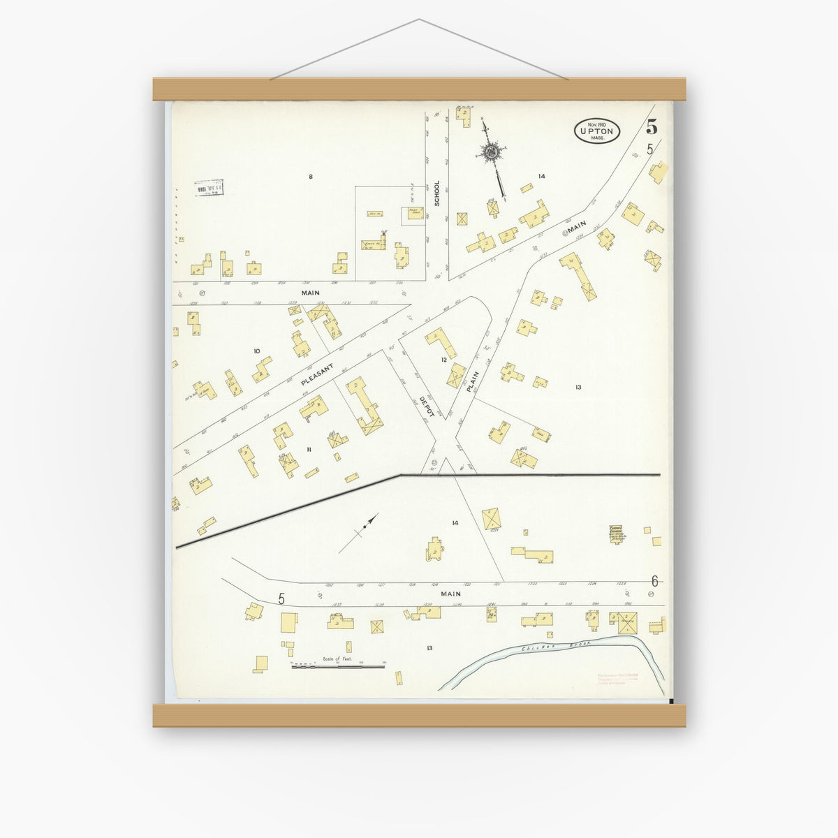 Old map wall art mockup — magnetic wood frame on white wall — Sanborn Fire Insurance Map from Upton, Worcester County, Massachusetts (1910), Sheet #0005