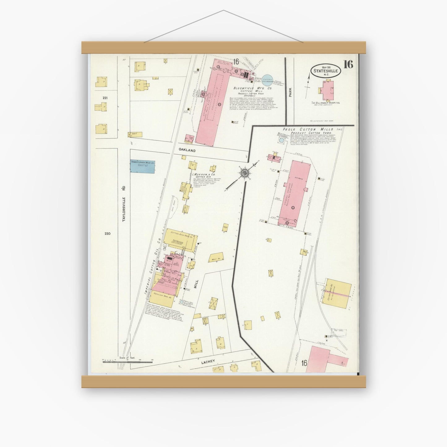 Old map wall art mockup — magnetic wood frame on white wall — Sanborn Fire Insurance Map from Statesville, Iredell County, North Carolina (1911), Sheet #0016