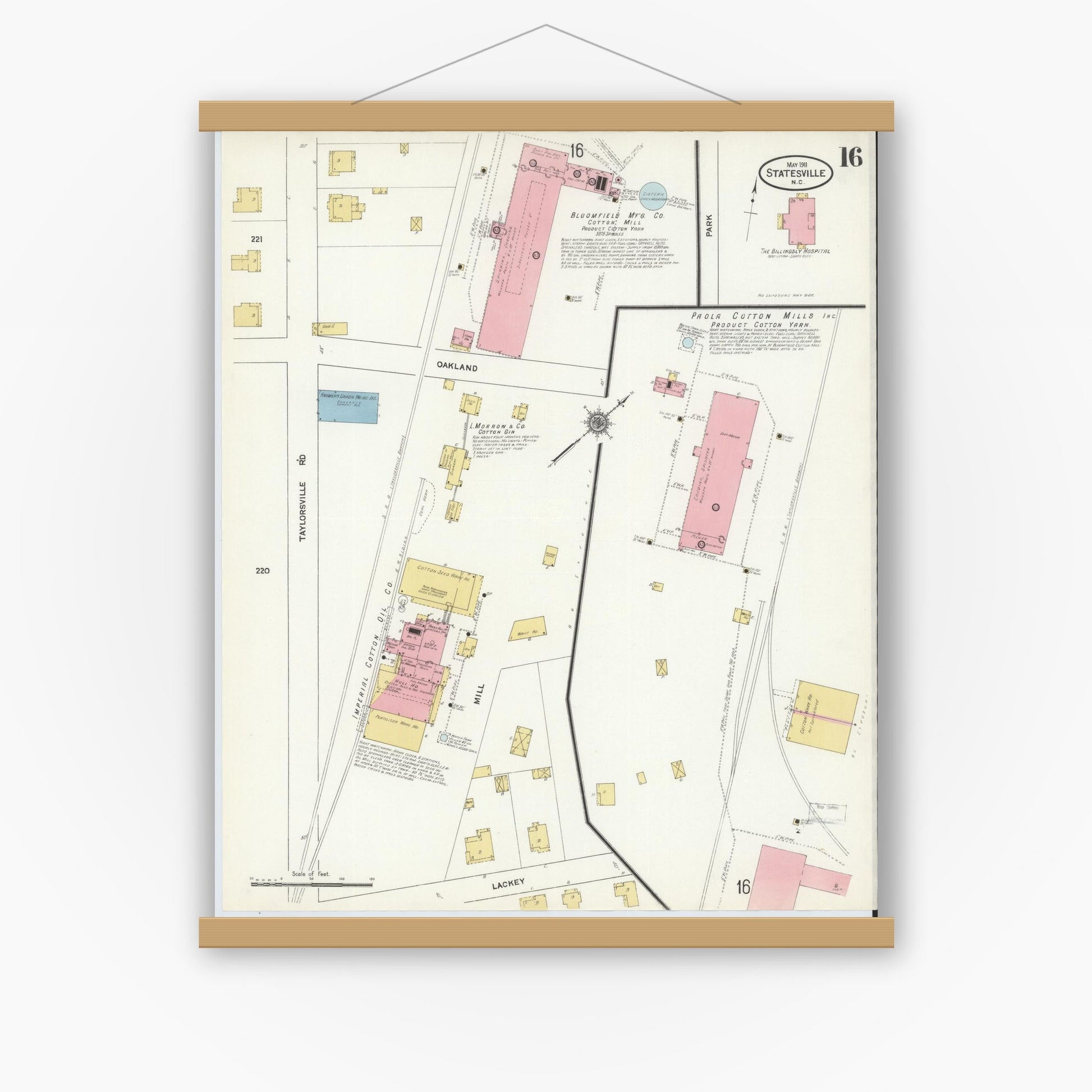 Old map wall art mockup — magnetic wood frame on white wall — Sanborn Fire Insurance Map from Statesville, Iredell County, North Carolina (1911), Sheet #0016
