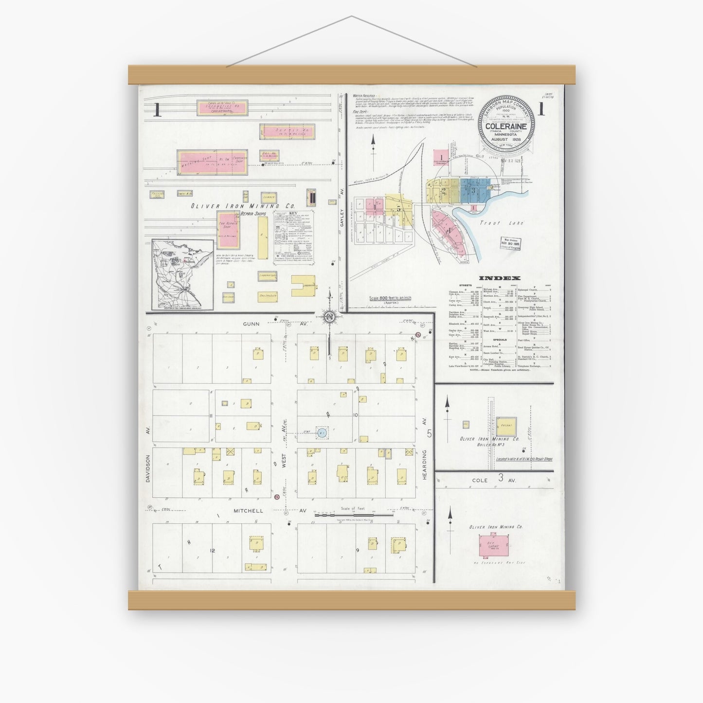 Old map wall art mockup — magnetic wood frame on white wall — Sanborn Fire Insurance Map from Coleraine, Itasca County, Minnesota (1928), Sheet #0001