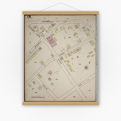 Old map wall art mockup — magnetic wood frame on white wall — Sanborn Fire Insurance Map from Yonkers, Westchester County, New York (1886), Sheet #0018