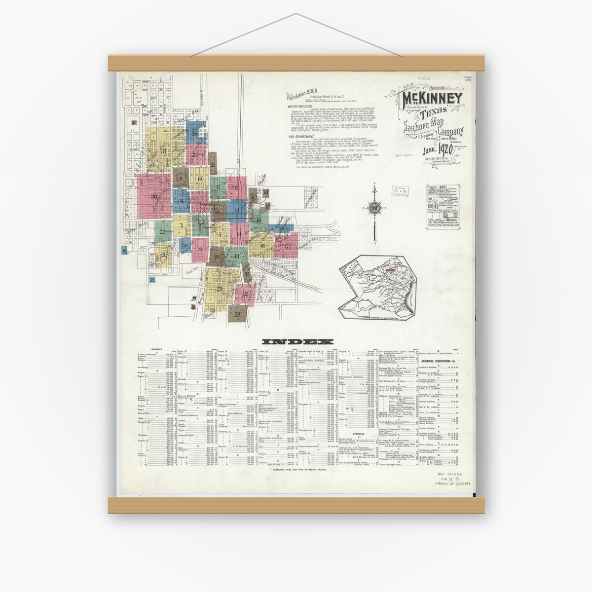 Old map wall art mockup — magnetic wood frame on white wall — Sanborn Fire Insurance Map from McKinney, Collin County, Texas (1920), Sheet #0001