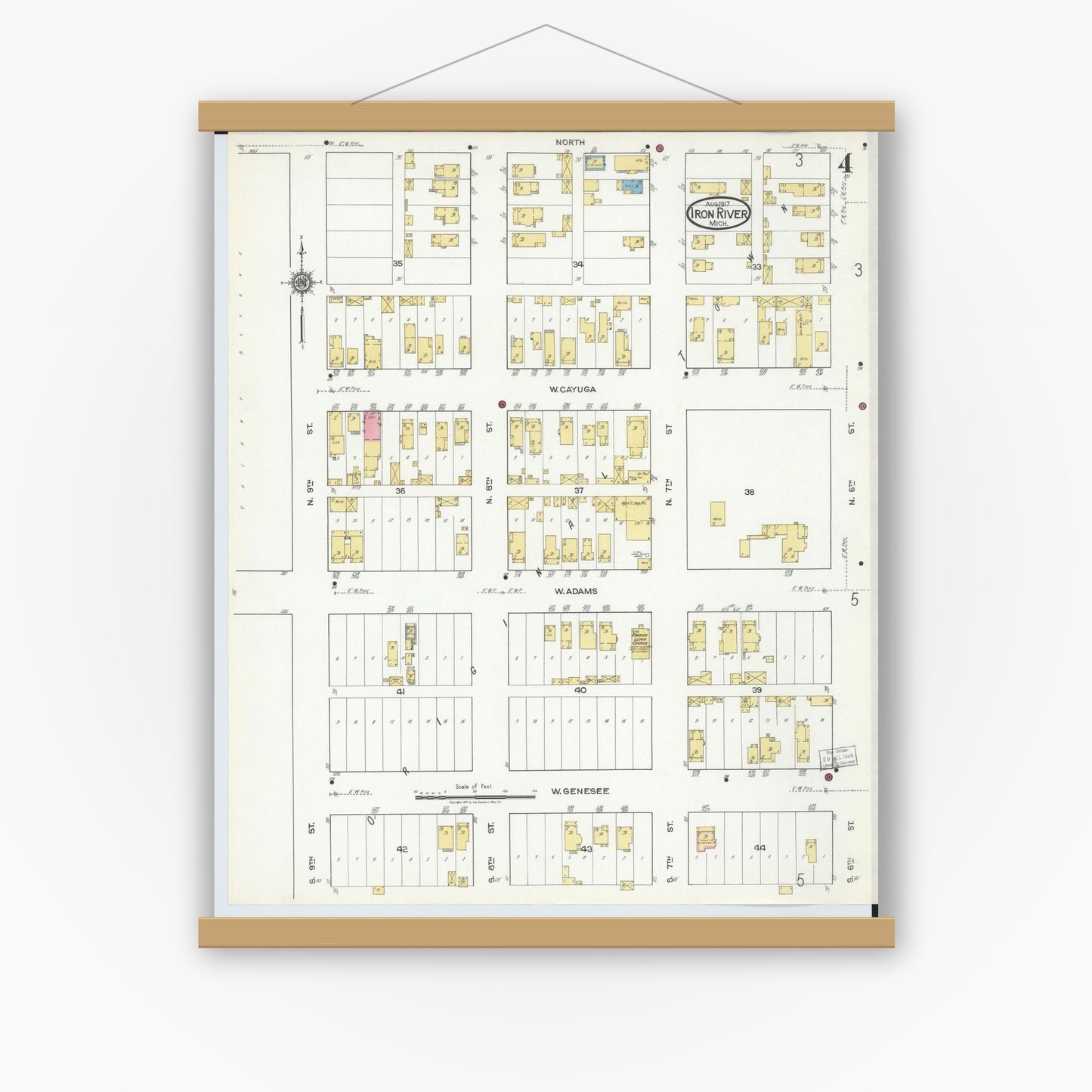 Old map wall art mockup — magnetic wood frame on white wall — Sanborn Fire Insurance Map from Iron River, Iron County, Michigan (1917), Sheet #0004