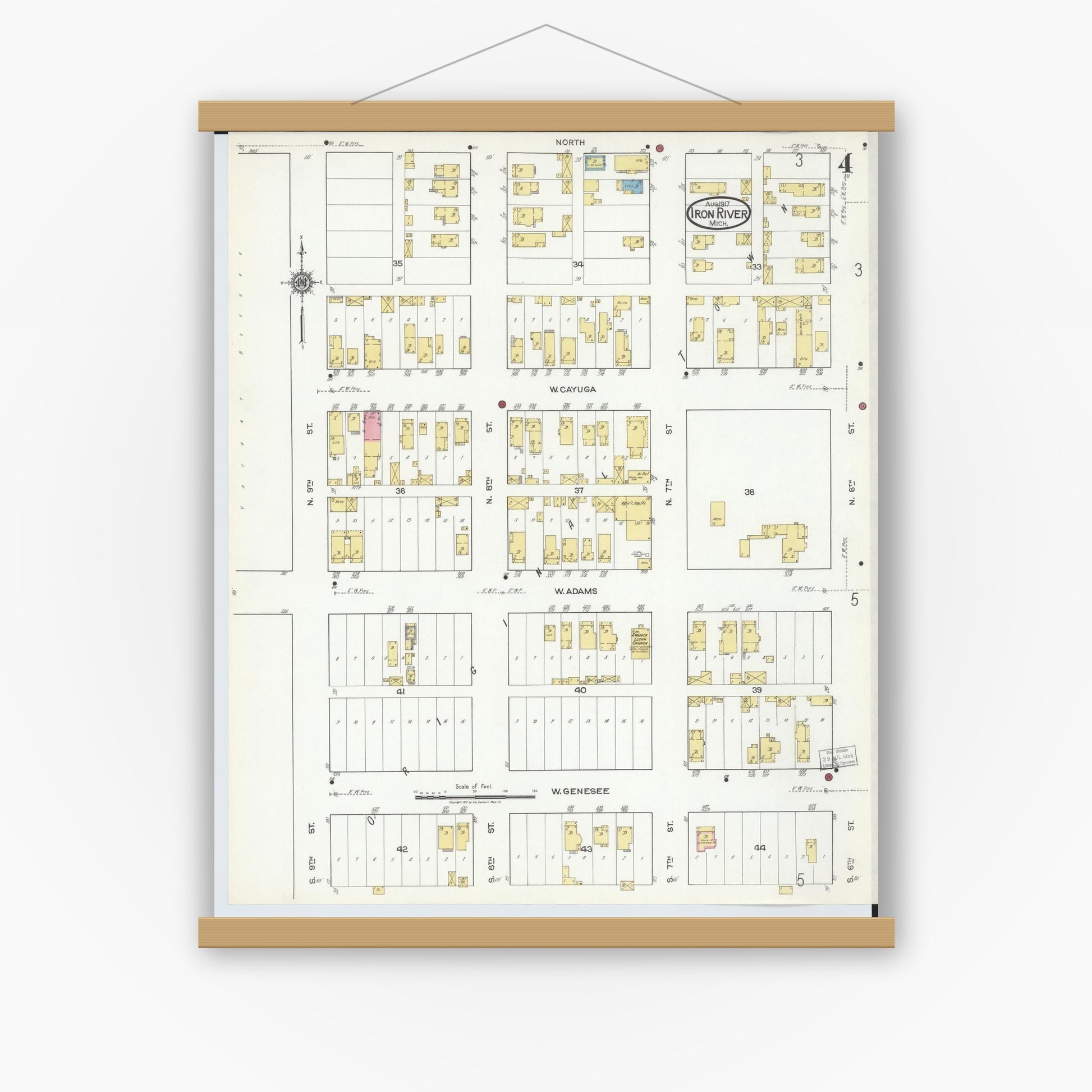 Old map wall art mockup — magnetic wood frame on white wall — Sanborn Fire Insurance Map from Iron River, Iron County, Michigan (1917), Sheet #0004