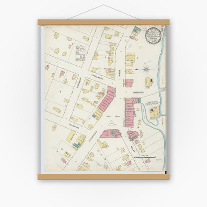 Old map wall art mockup — magnetic wood frame on white wall — Sanborn Fire Insurance Map from Dundee, Monroe County, Michigan (1893), Sheet #0001