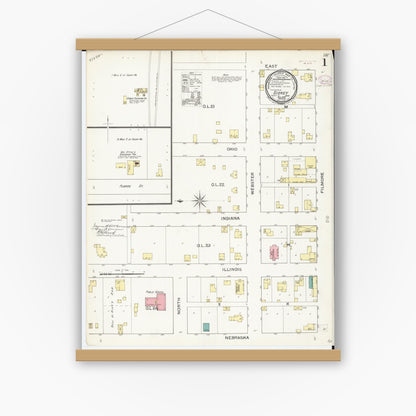 Old map wall art mockup — magnetic wood frame on white wall — Sanborn Fire Insurance Map from Sidney, Fremont County, Iowa (1893) â€” Complete Set