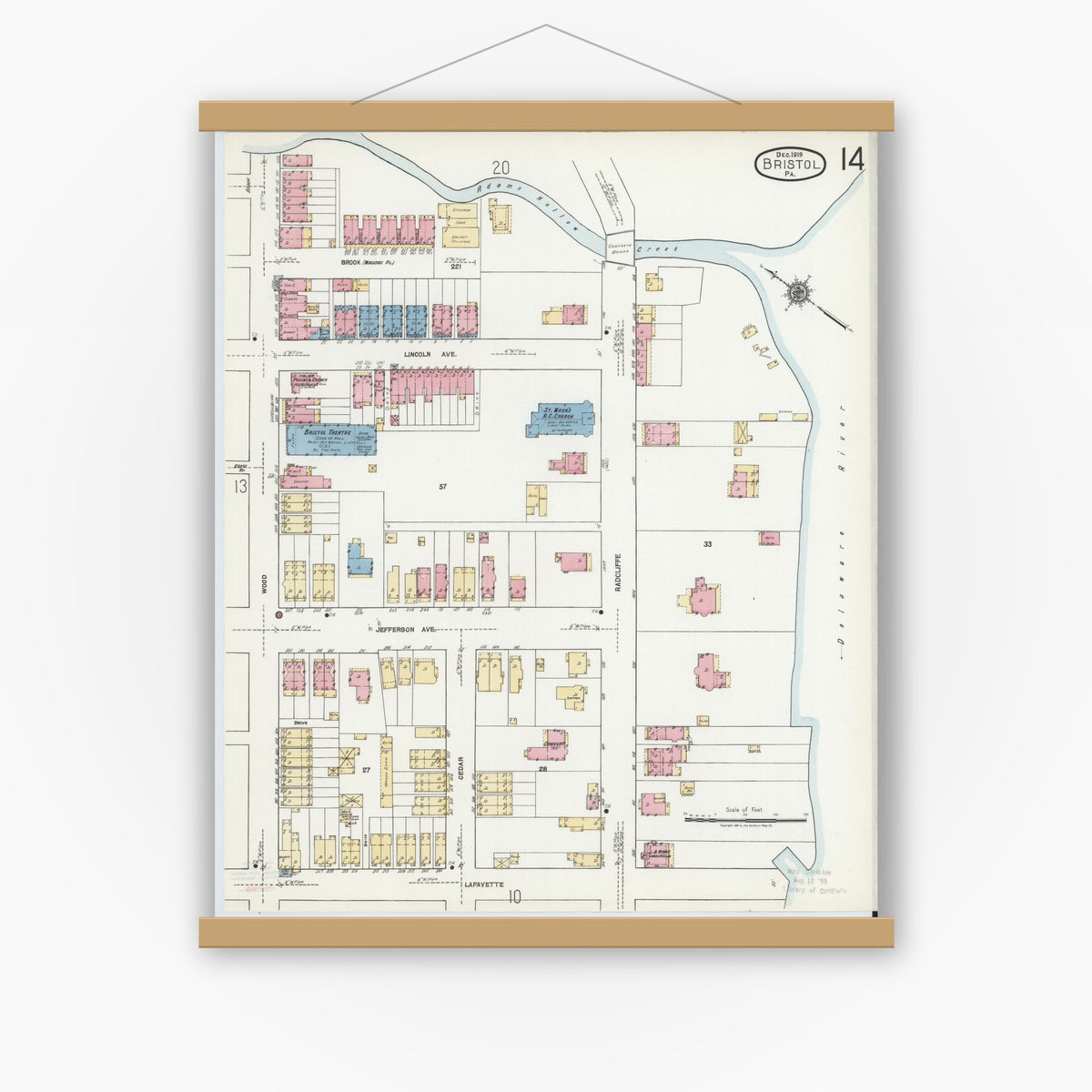 Old map wall art mockup — magnetic wood frame on white wall — Sanborn Fire Insurance Map from Bristol, Bucks County, Pennsylvania (1927), Sheet #0014