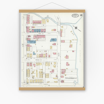 Old map wall art mockup — magnetic wood frame on white wall — Sanborn Fire Insurance Map from Bristol, Bucks County, Pennsylvania (1927), Sheet #0014