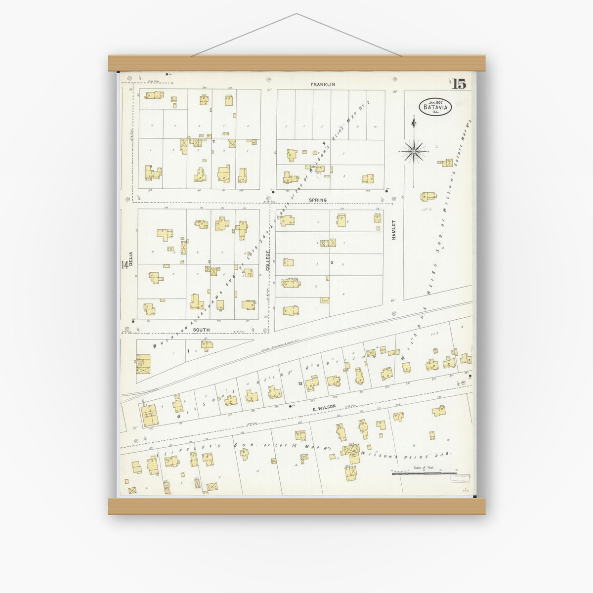 Old map wall art mockup — magnetic wood frame on white wall — Sanborn Fire Insurance Map from Batavia, Kane County, Illinois (1907), Sheet #0015