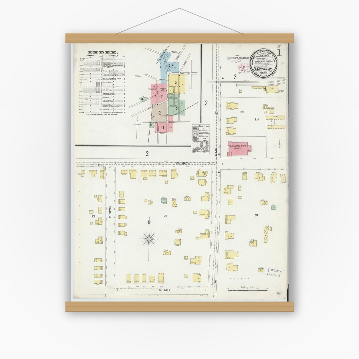 Old map wall art mockup — magnetic wood frame on white wall — Sanborn Fire Insurance Map from Flemington, Hunterdon County, New Jersey (1896) - Complete Map Set