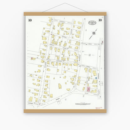 Old map wall art mockup — magnetic wood frame on white wall — Sanborn Fire Insurance Map from Plymouth, Plymouth County, Massachusetts (1927), Sheet #0010