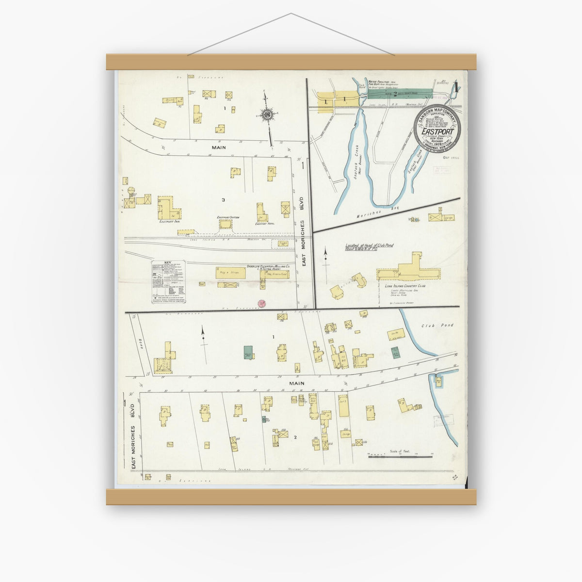 Old map wall art mockup — magnetic wood frame on white wall — Sanborn Fire Insurance Map from Eastport, Suffolk County, New York (1909), Sheet #0001