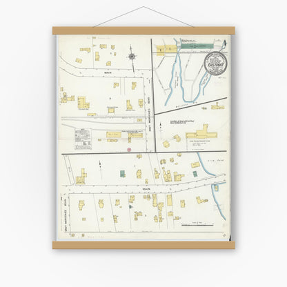 Old map wall art mockup — magnetic wood frame on white wall — Sanborn Fire Insurance Map from Eastport, Suffolk County, New York (1909), Sheet #0001