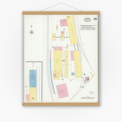 Old map wall art mockup — magnetic wood frame on white wall — Sanborn Fire Insurance Map from Dover, Morris County, New Jersey (1909), Sheet #0020