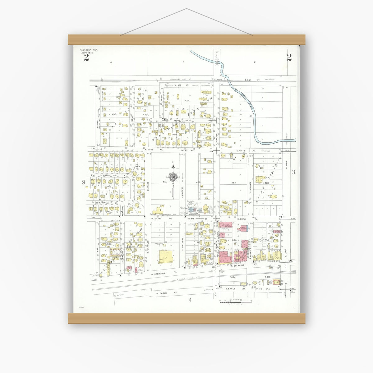 Old map wall art mockup — magnetic wood frame on white wall — Sanborn Fire Insurance Map from Pasadena, Harris County, Texas (1943), Sheet #0002
