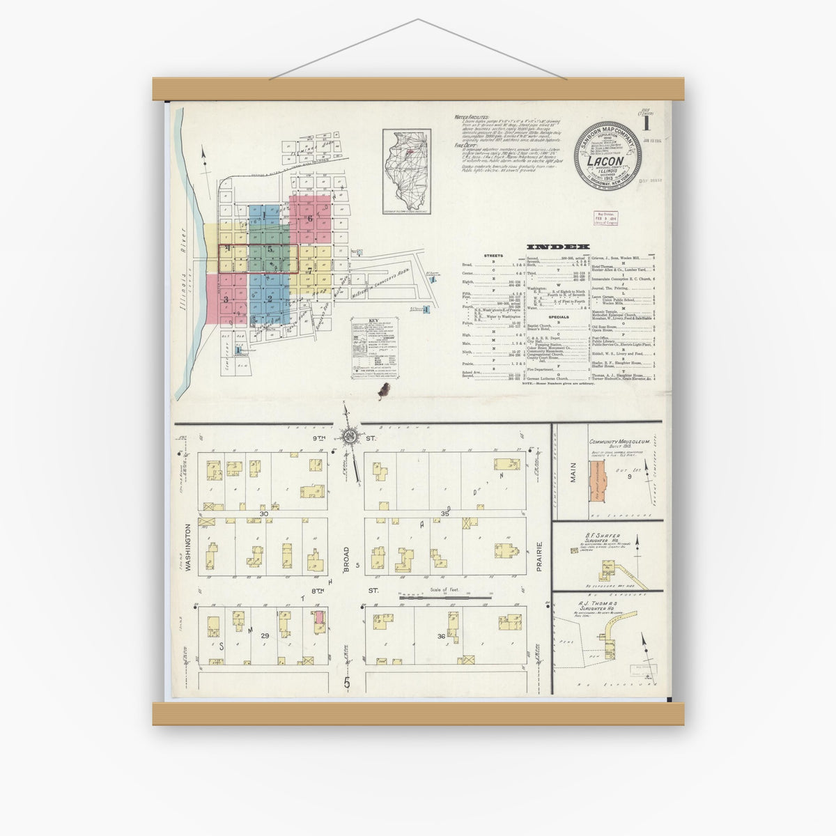 Old map wall art mockup — magnetic wood frame on white wall — Sanborn Fire Insurance Map from Lacon, Marshall County, Illinois (1913), Sheet #0001