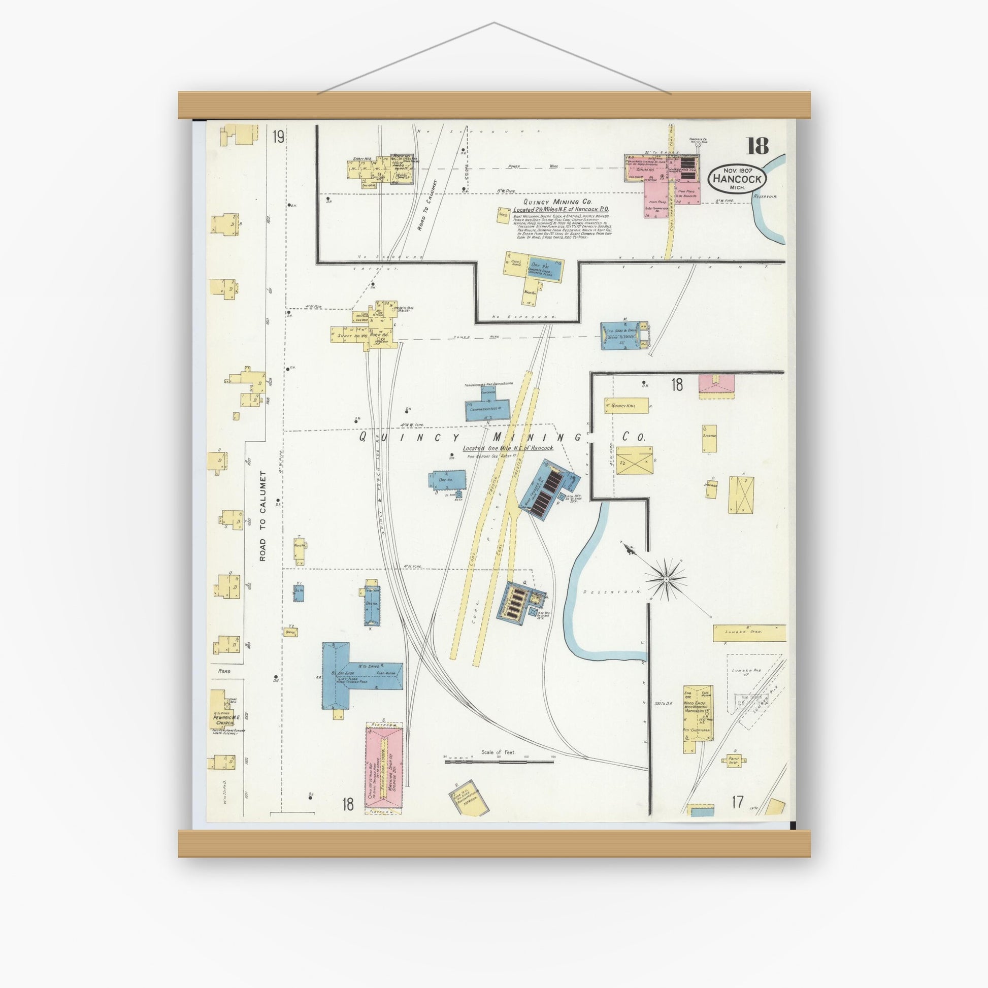 Old map wall art mockup — magnetic wood frame on white wall — Sanborn Fire Insurance Map from Hancock, Houghton County, Michigan (1907), Sheet #0018
