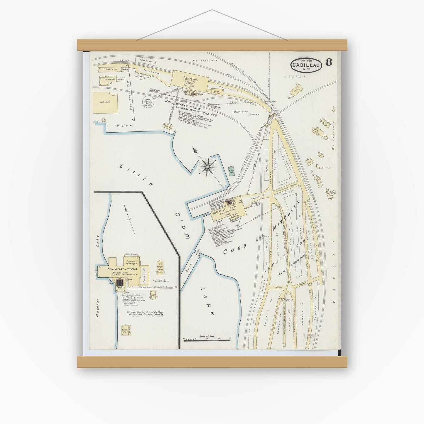 Old map wall art mockup — magnetic wood frame on white wall — Sanborn Fire Insurance Map from Cadillac, Wexford County, Michigan (1890), Sheet #0008