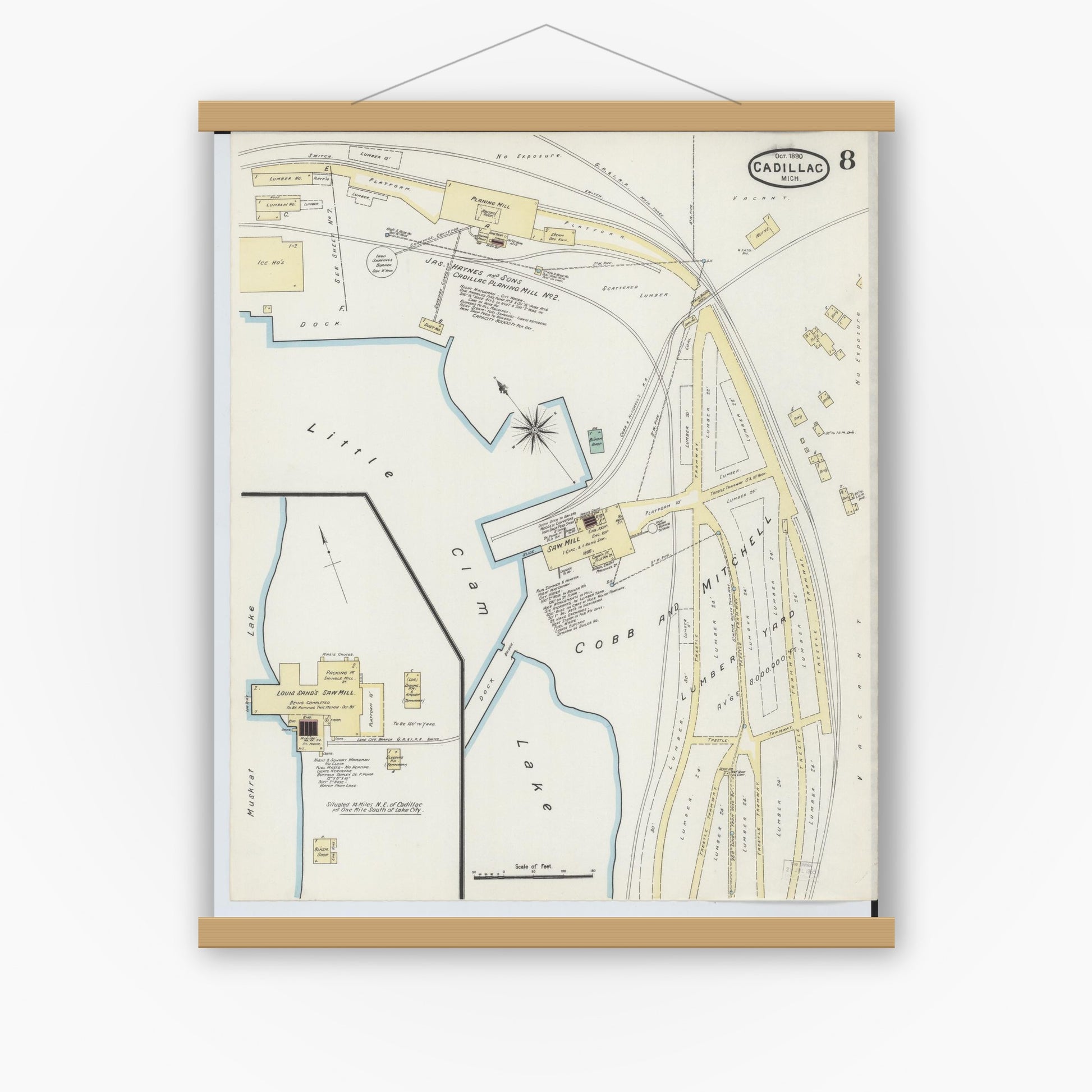 Old map wall art mockup — magnetic wood frame on white wall — Sanborn Fire Insurance Map from Cadillac, Wexford County, Michigan (1890), Sheet #0008