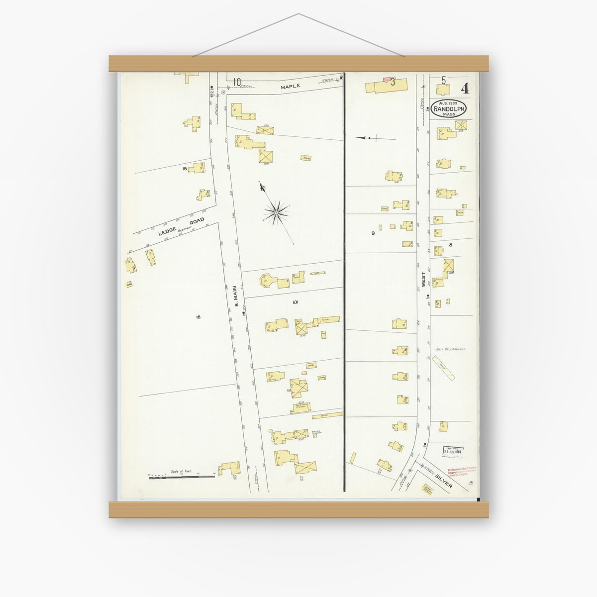 Old map wall art mockup — magnetic wood frame on white wall — Sanborn Fire Insurance Map from Randolph, Norfolk County, Massachusetts (1909), Sheet #0004