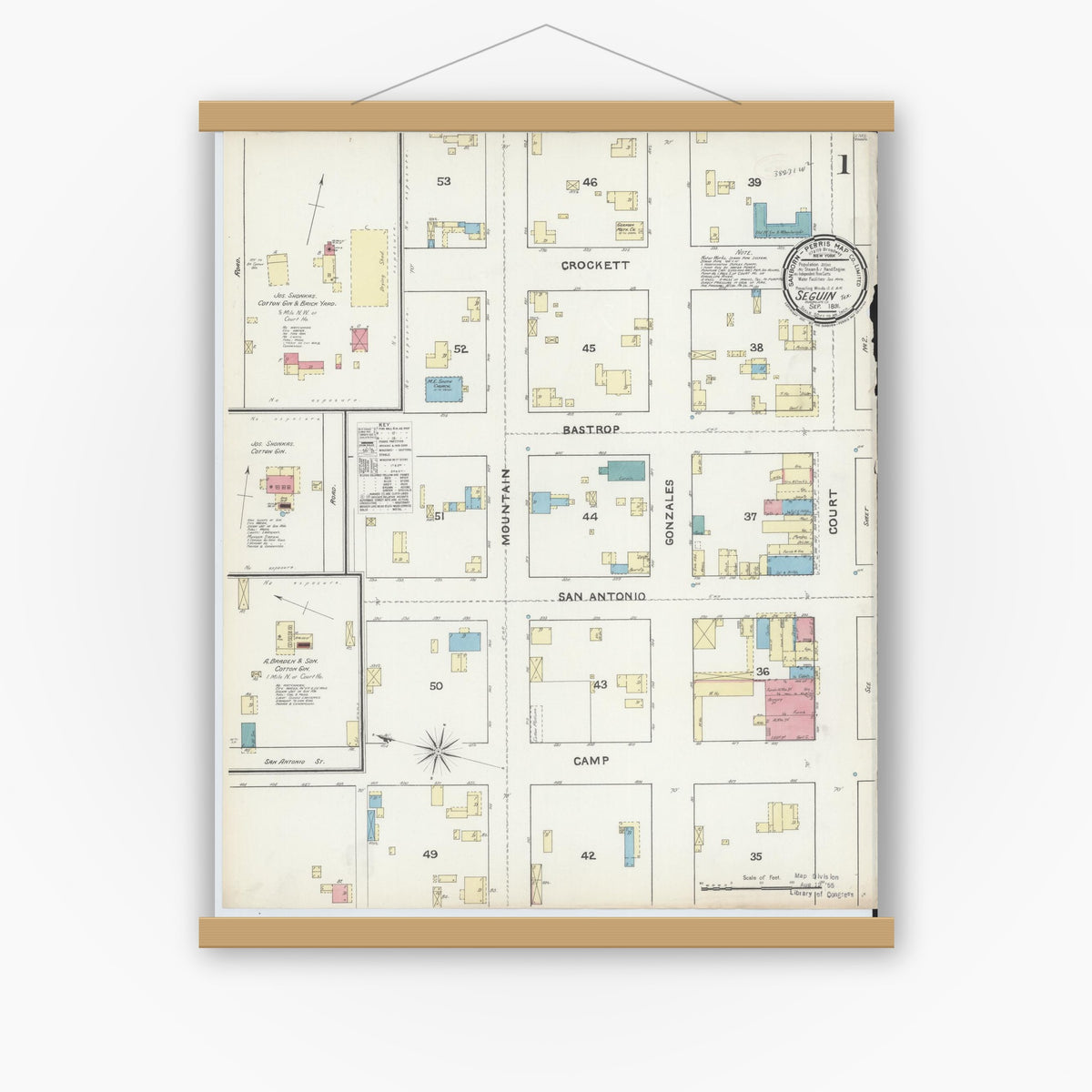 Old map wall art mockup — magnetic wood frame on white wall — Sanborn Fire Insurance Map from Seguin, Guadalupe County, Texas (1891) - Complete Map Set