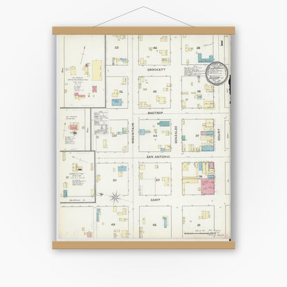 Old map wall art mockup — magnetic wood frame on white wall — Sanborn Fire Insurance Map from Seguin, Guadalupe County, Texas (1891) - Complete Map Set