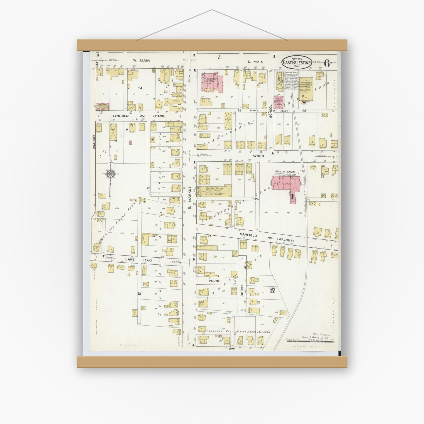 Old map wall art mockup — magnetic wood frame on white wall — Sanborn Fire Insurance Map from East Palestine, Columbiana County, Ohio (1915), Sheet #0006