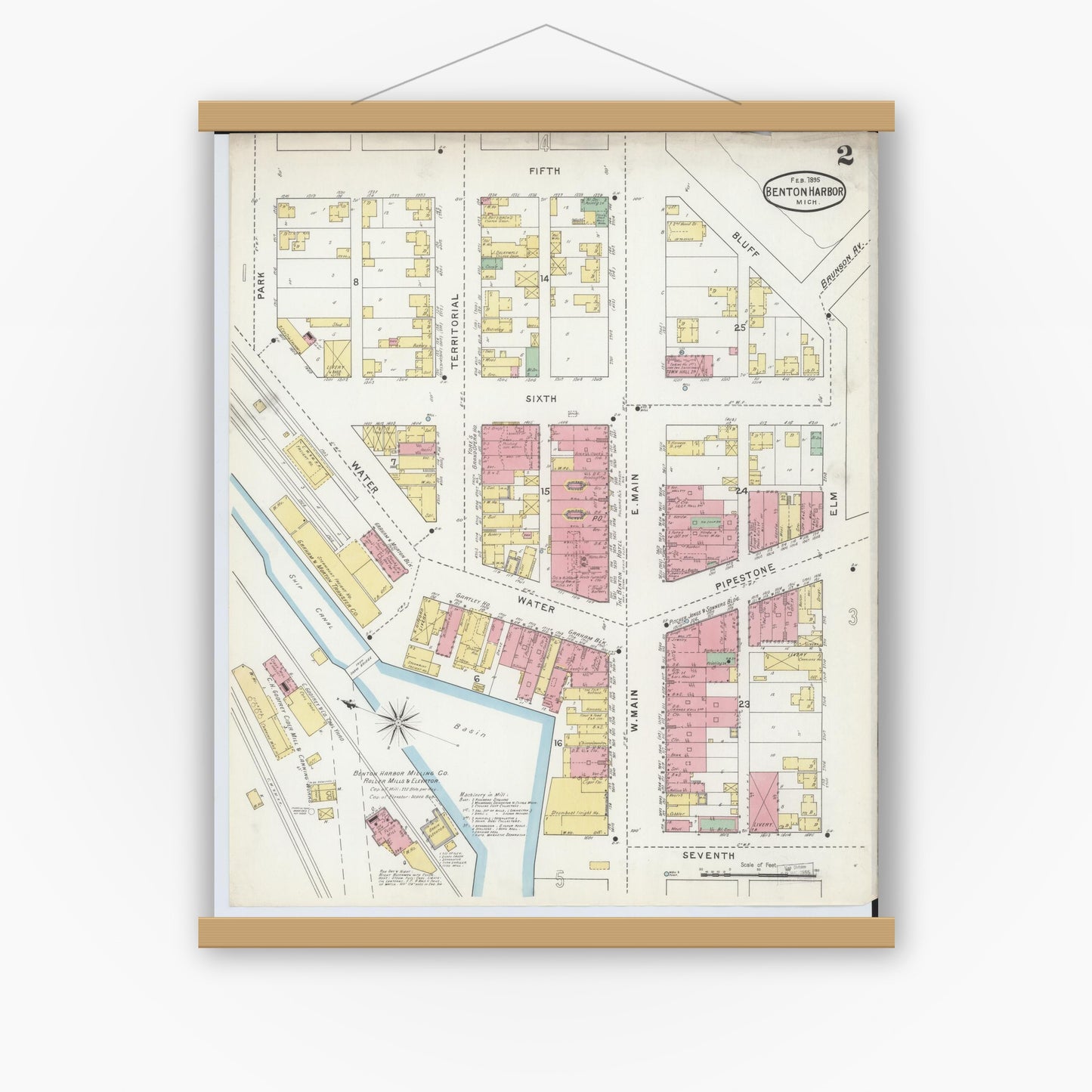Old map wall art mockup — magnetic wood frame on white wall — Sanborn Fire Insurance Map from Benton Harbor, Berrien County, Michigan (1895), Sheet #0002