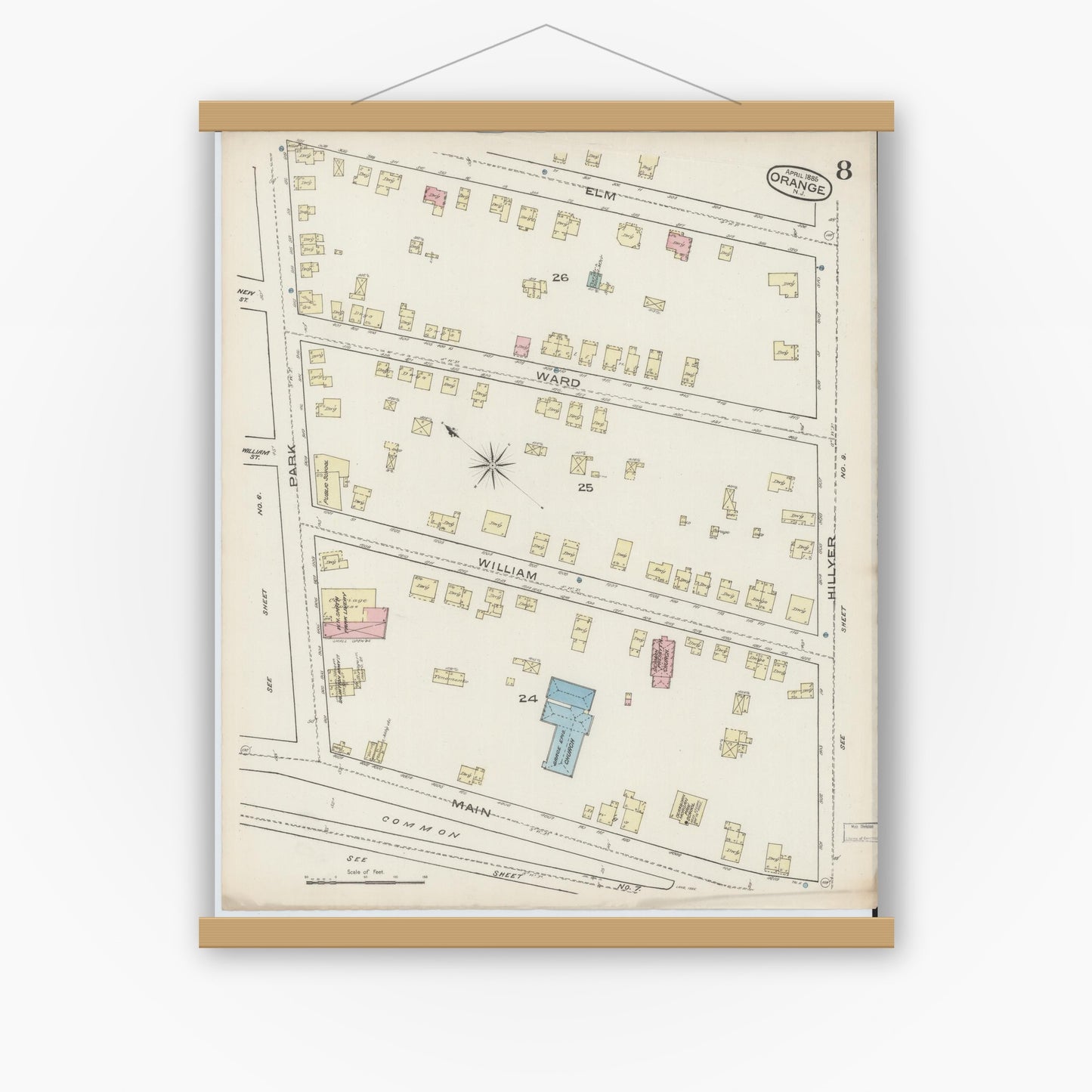 Old map wall art mockup — magnetic wood frame on white wall — Sanborn Fire Insurance Map from Orange, Essex County, New Jersey (1885), Sheet #0008