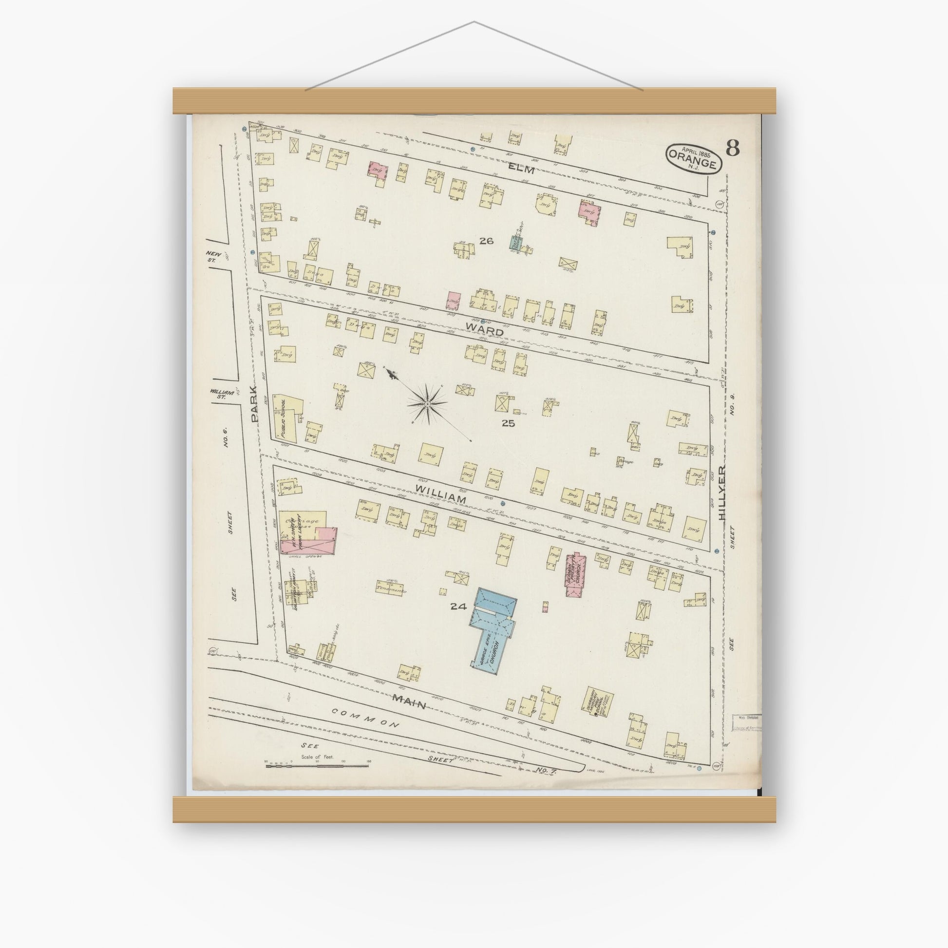 Old map wall art mockup — magnetic wood frame on white wall — Sanborn Fire Insurance Map from Orange, Essex County, New Jersey (1885), Sheet #0008