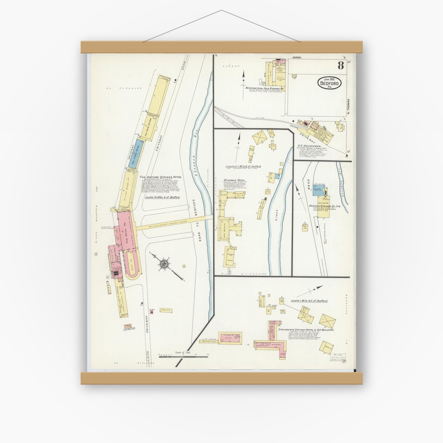 Old map wall art mockup — magnetic wood frame on white wall — Sanborn Fire Insurance Map from Bedford, Bedford County, Pennsylvania (1912), Sheet #0008