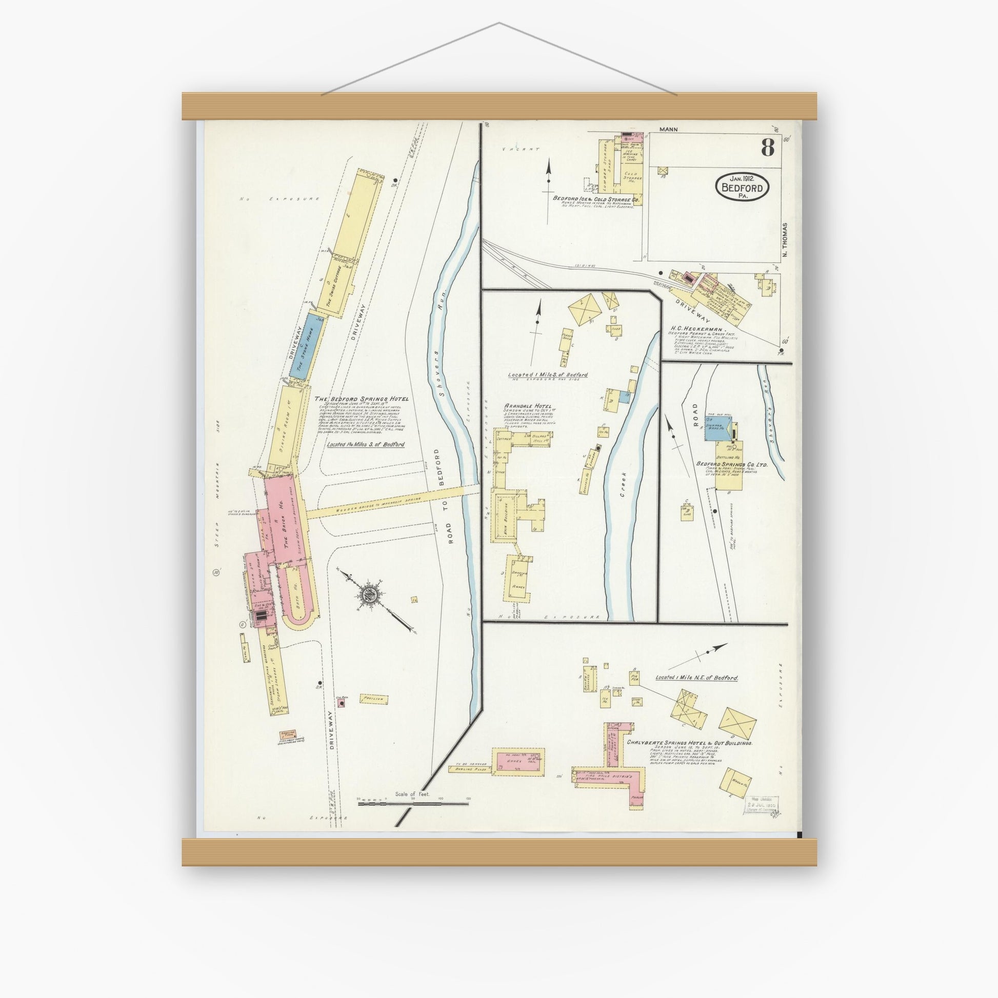 Old map wall art mockup — magnetic wood frame on white wall — Sanborn Fire Insurance Map from Bedford, Bedford County, Pennsylvania (1912), Sheet #0008