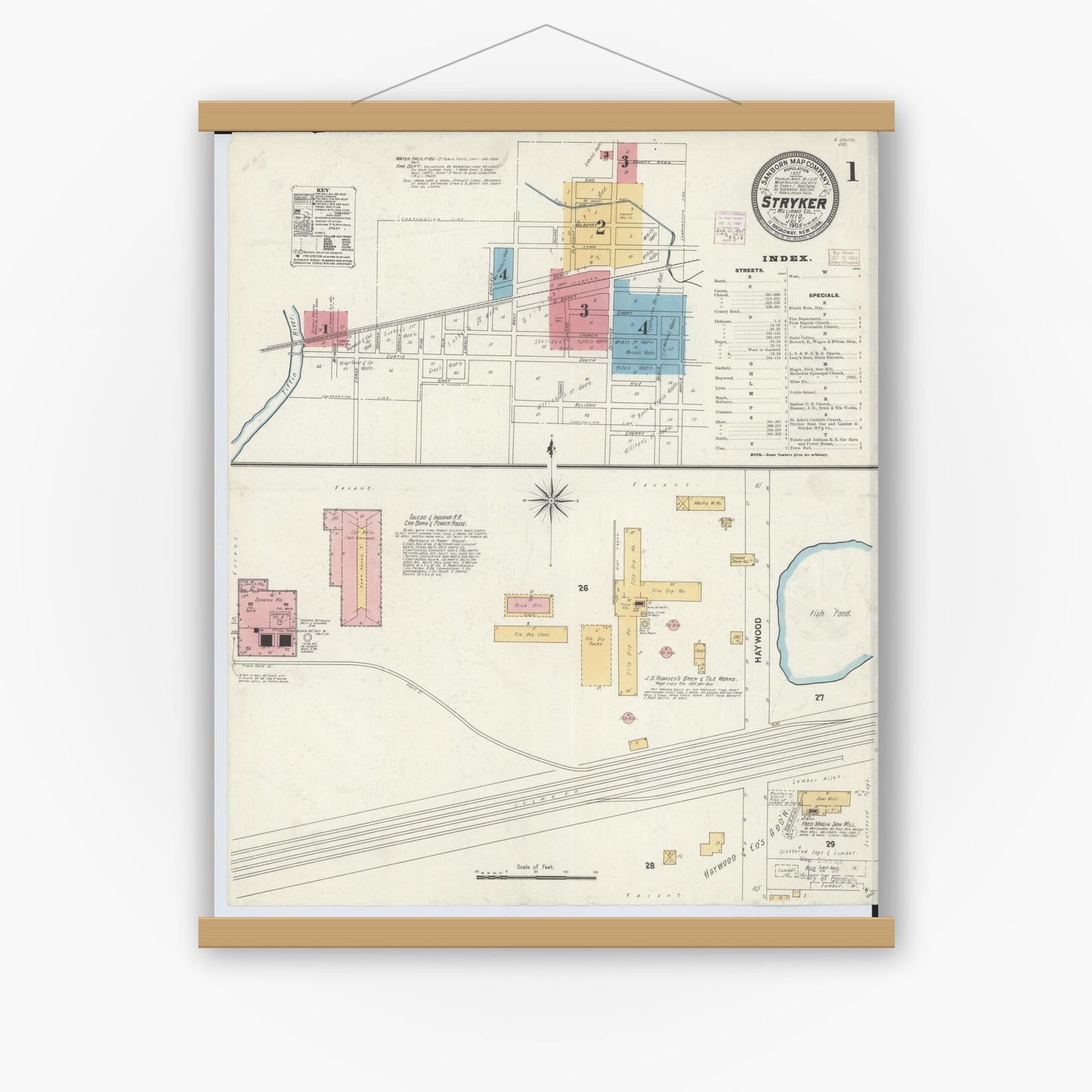 Old map wall art mockup — magnetic wood frame on white wall — Sanborn Fire Insurance Map from Stryker, Williams County, Ohio (1905) - Complete Map Set