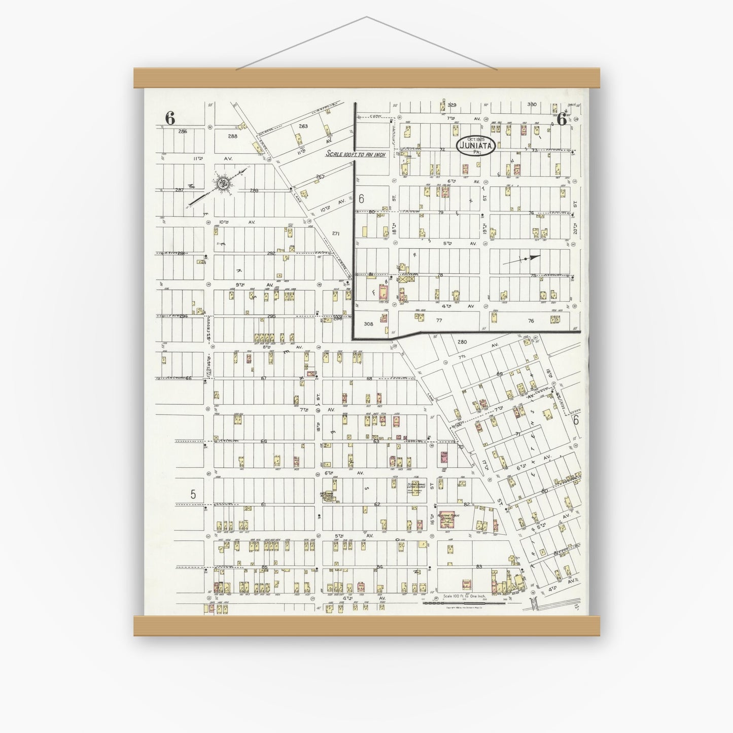 Old map wall art mockup — magnetic wood frame on white wall — Sanborn Fire Insurance Map from Juniata, Blair County, Pennsylvania (1925), Sheet #0006