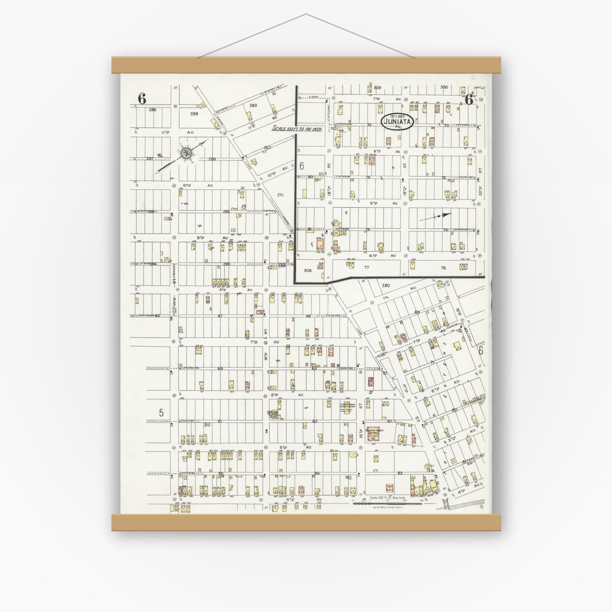Old map wall art mockup — magnetic wood frame on white wall — Sanborn Fire Insurance Map from Juniata, Blair County, Pennsylvania (1925), Sheet #0006