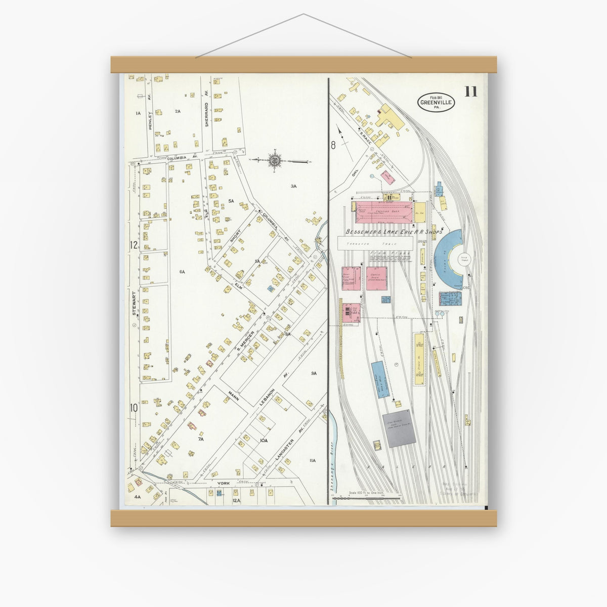 Old map wall art mockup — magnetic wood frame on white wall — Sanborn Fire Insurance Map from Greenville, Mercer County, Pennsylvania (1911), Sheet #0011