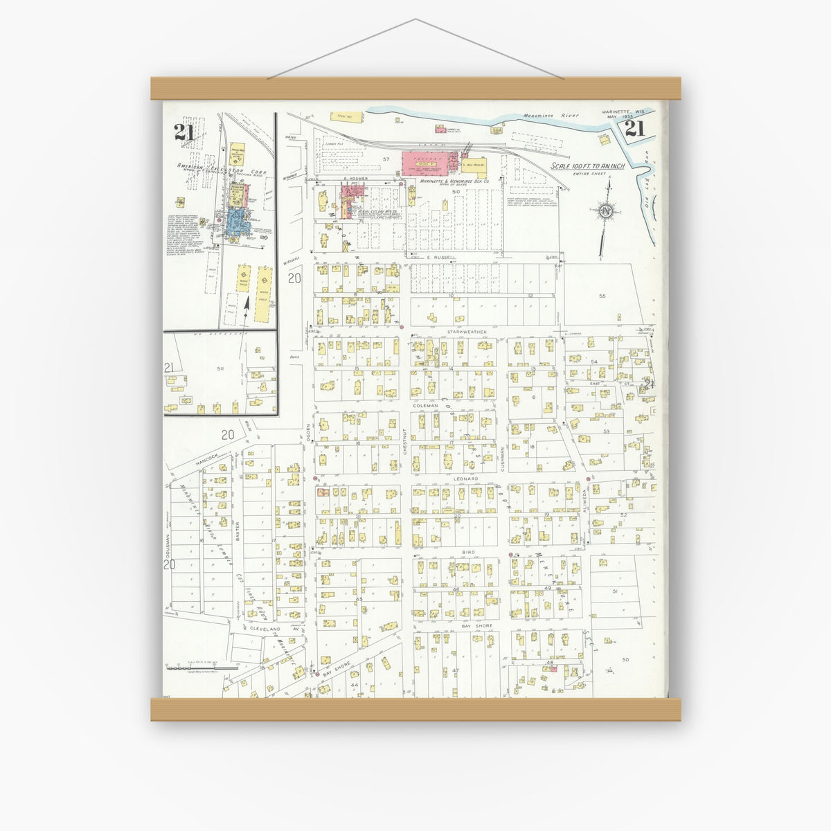 Old map wall art mockup — magnetic wood frame on white wall — Sanborn Fire Insurance Map from Marinette, Marinette County, Wisconsin (1935), Sheet #0021