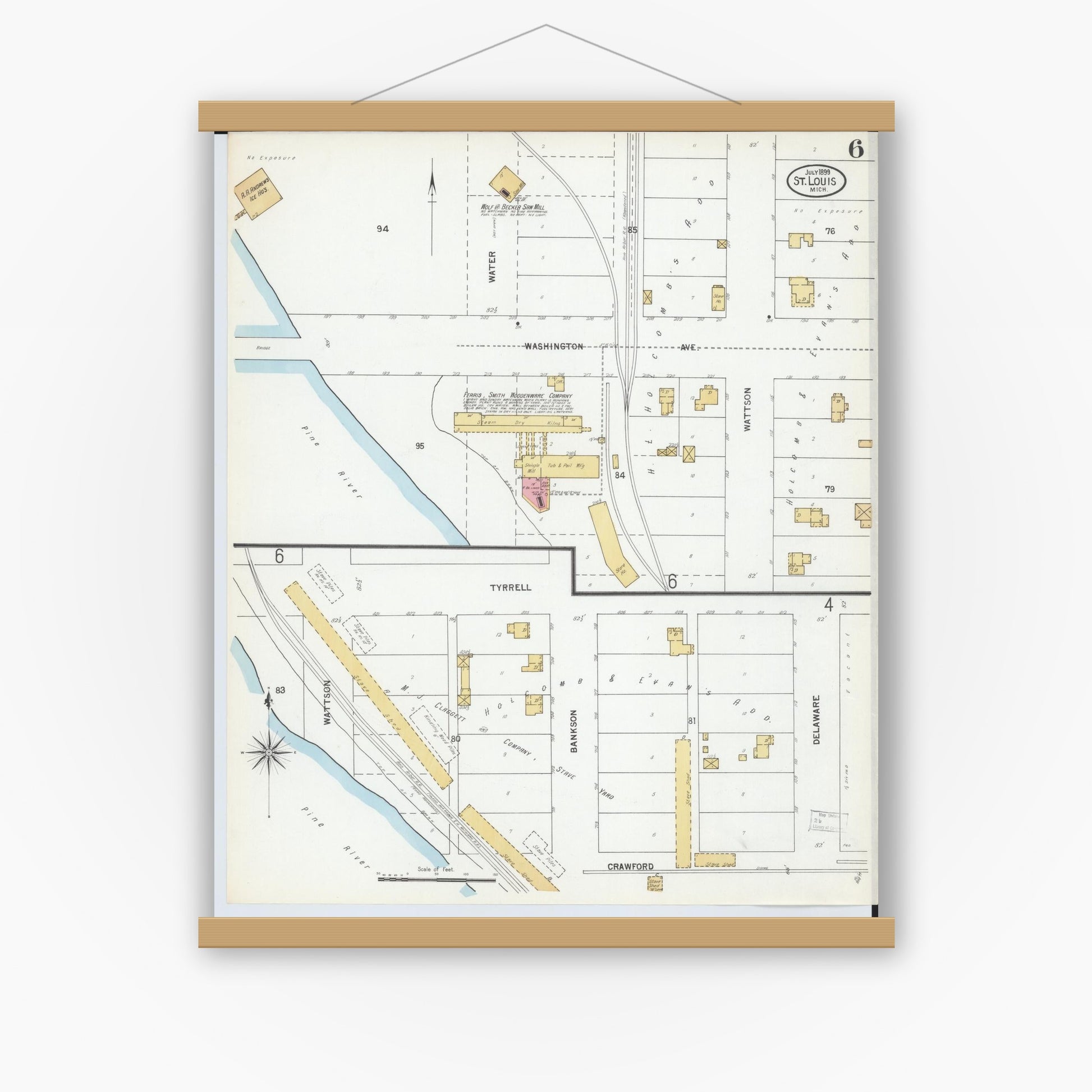 Old map wall art mockup — magnetic wood frame on white wall — Sanborn Fire Insurance Map from Saint Louis, Gratiot County, Michigan (1899), Sheet #0006