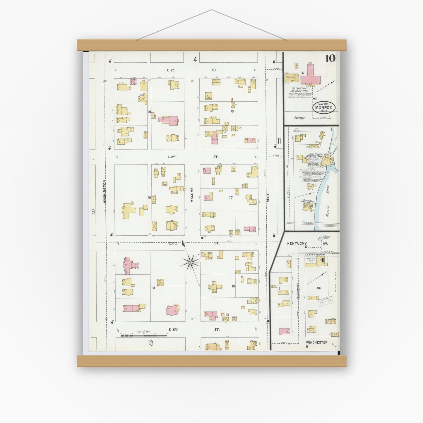 Old map wall art mockup — magnetic wood frame on white wall — Sanborn Fire Insurance Map from Monroe, Monroe County, Michigan (1899), Sheet #0010
