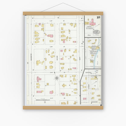 Old map wall art mockup — magnetic wood frame on white wall — Sanborn Fire Insurance Map from Monroe, Monroe County, Michigan (1899), Sheet #0010