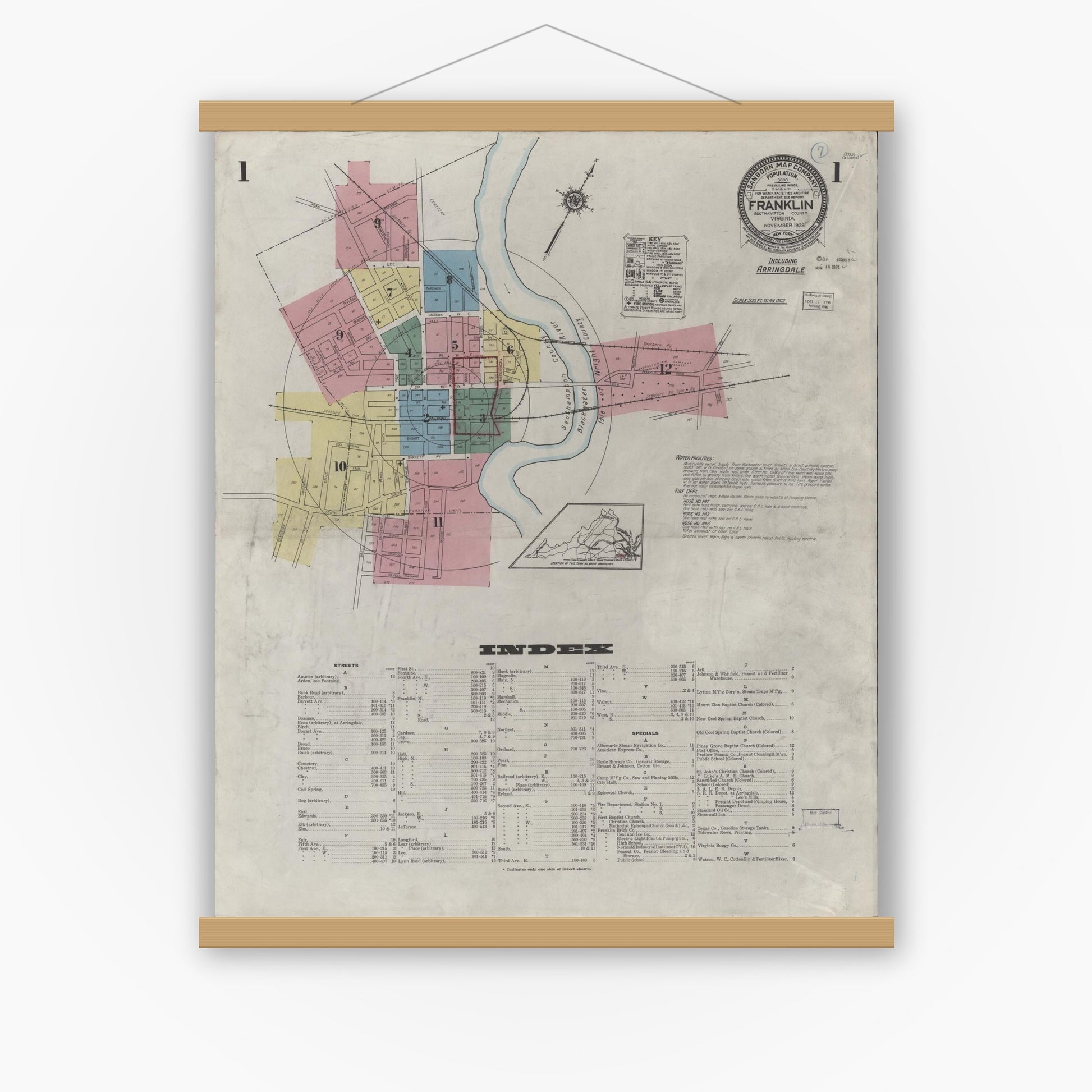 Old map wall art mockup — magnetic wood frame on white wall — Sanborn Fire Insurance Map from Franklin, Independent Cities, Virginia (1923) - Complete Map Set