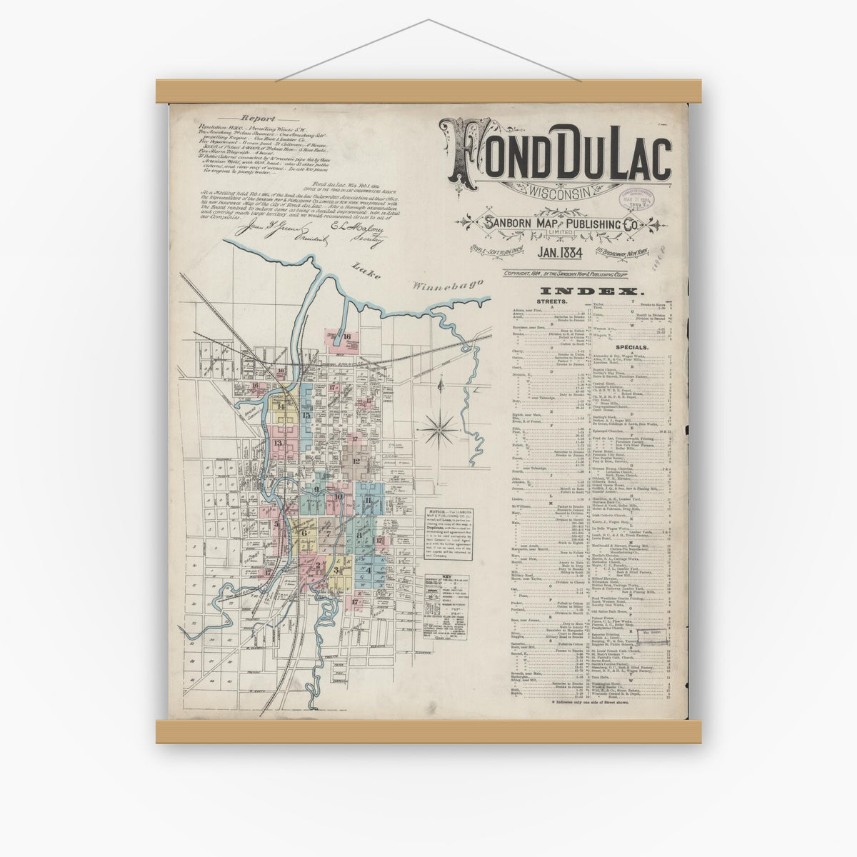 Old map wall art mockup — magnetic wood frame on white wall — Sanborn Fire Insurance Map from Fond du Lac, Fond du Lac County, Wisconsin (1884), Sheet #0001