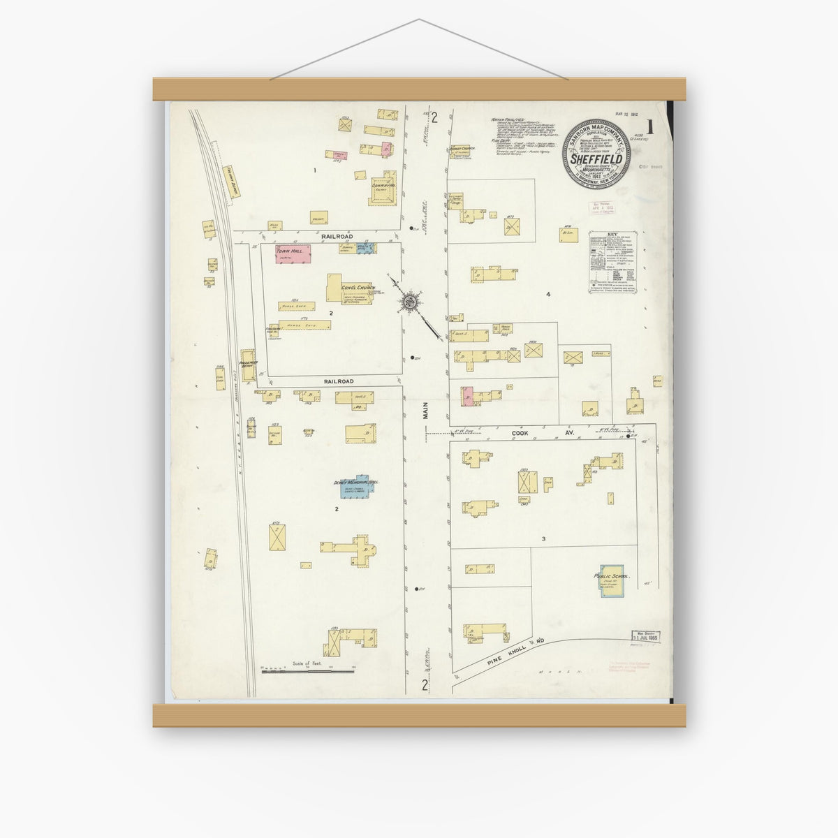 Old map wall art mockup — magnetic wood frame on white wall — Sanborn Fire Insurance Map from Sheffield, Berkshire County, Massachusetts (1912), Sheet #0001