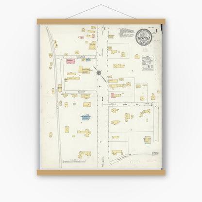 Old map wall art mockup — magnetic wood frame on white wall — Sanborn Fire Insurance Map from Sheffield, Berkshire County, Massachusetts (1912), Sheet #0001